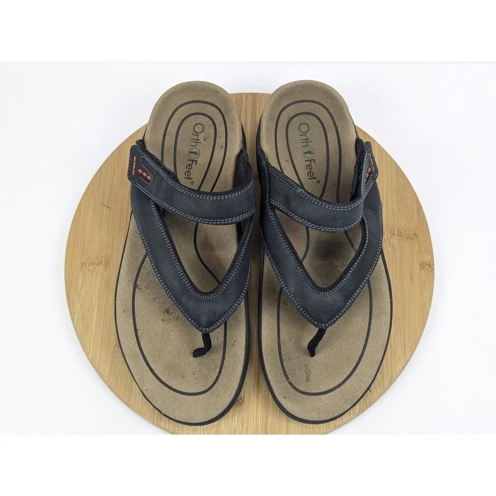 Orthofeet Sandals Mens 11.5 D Black Leather Adjustable Slip On Outdoor Vacation